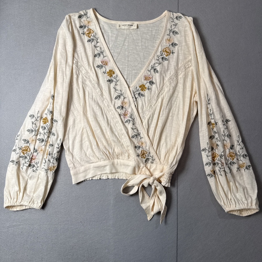 Lucky Brand 100% Cotton Cream Embroidered Floral Pink Orange Green Wrap Top Boho